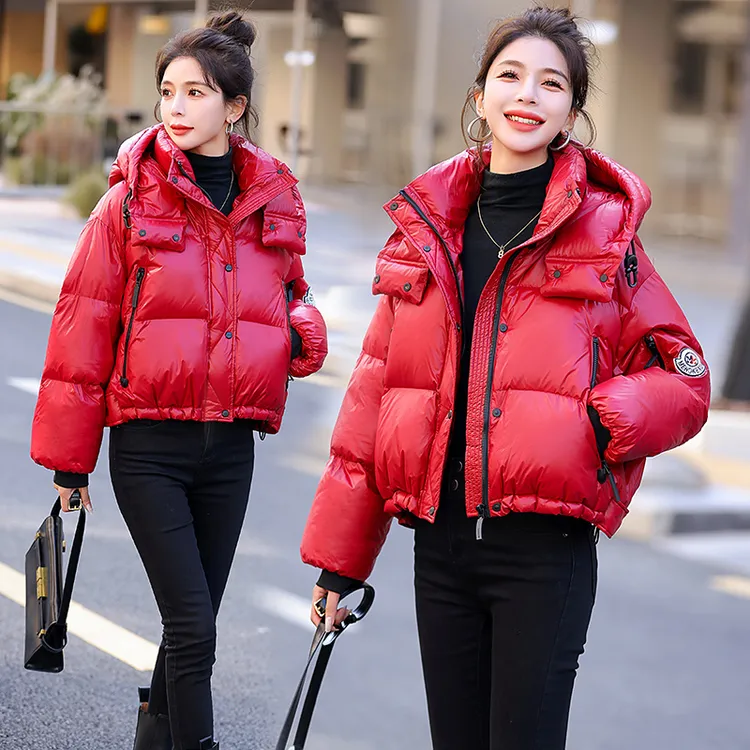 免洗亮面白鸭绒羽绒服女2025年冬季新款短款小个子加厚面包服外套