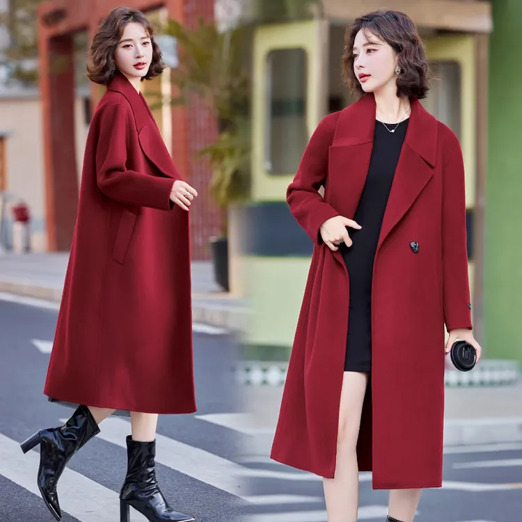 红色双面羊绒大衣女2025新款春秋季高级感中长款加厚结婚毛呢外套
