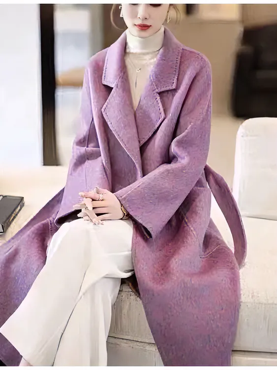 网红时尚女士羊毛秋冬紫色双面呢大衣宽松加厚中长款气质外套韩版