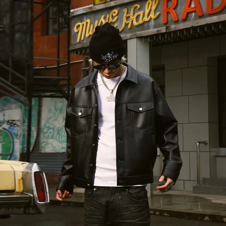 South春季美式潮牌压印皮衣宽松机车外套高街复古PU夹克秋冬男士