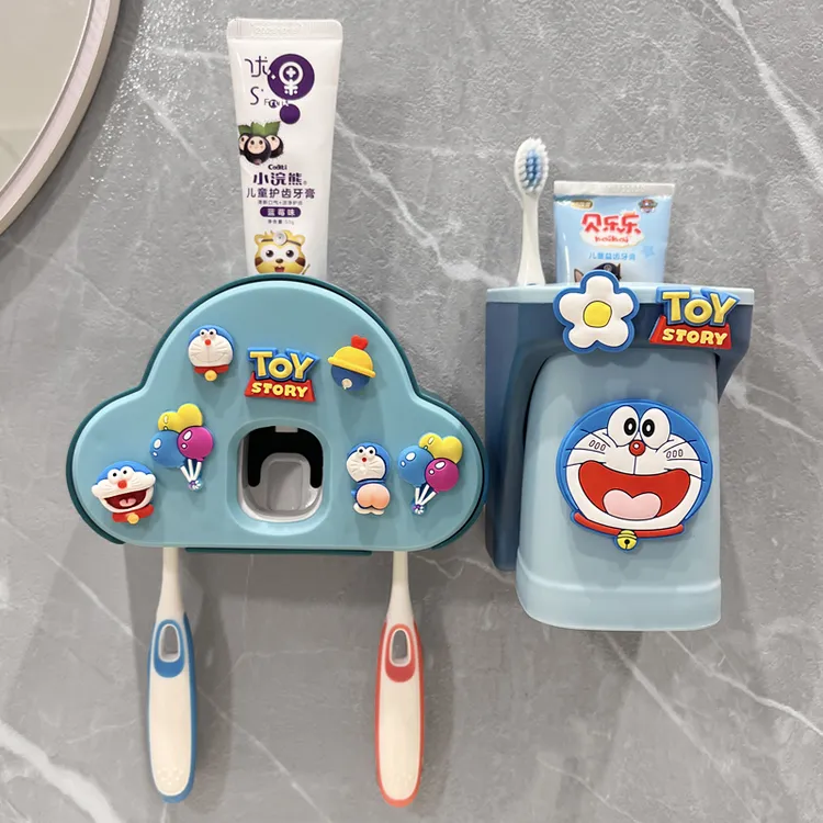 高颜值叮当猫牙刷置物架卡通儿童全自动挤牙膏神器漱口杯壁挂式男