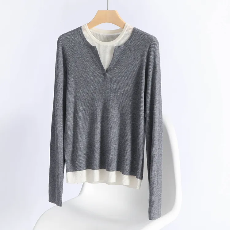 2024秋冬精纺法式浪漫假两件毛衣女圆领套头长袖针织衫拼色百搭