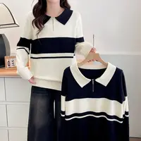 大码胖mm洋气拼色显瘦半拉链翻领针织衫女秋季新款宽松百搭上衣