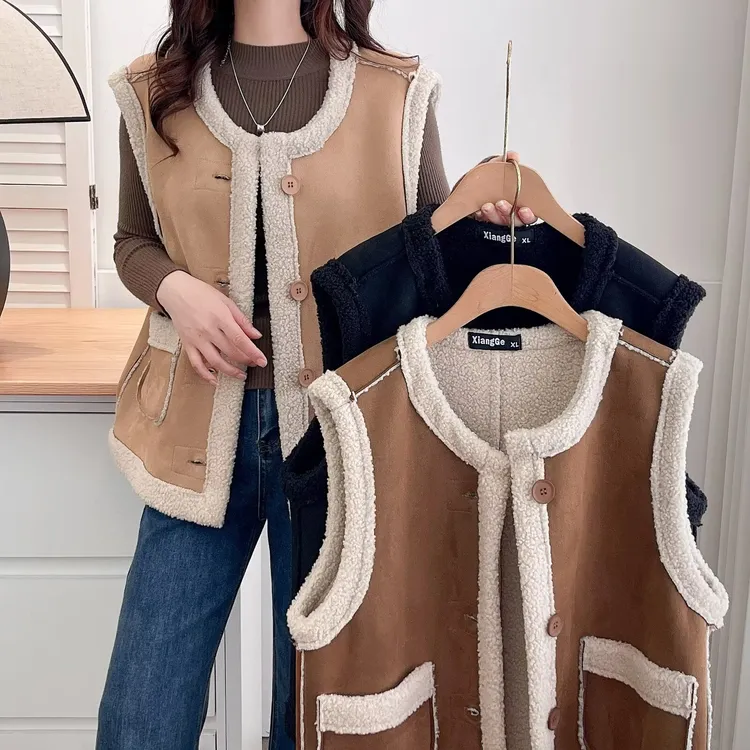 大码胖mm百搭宽松鹿皮绒减龄显瘦马甲女秋季新款皮毛一体无袖外套