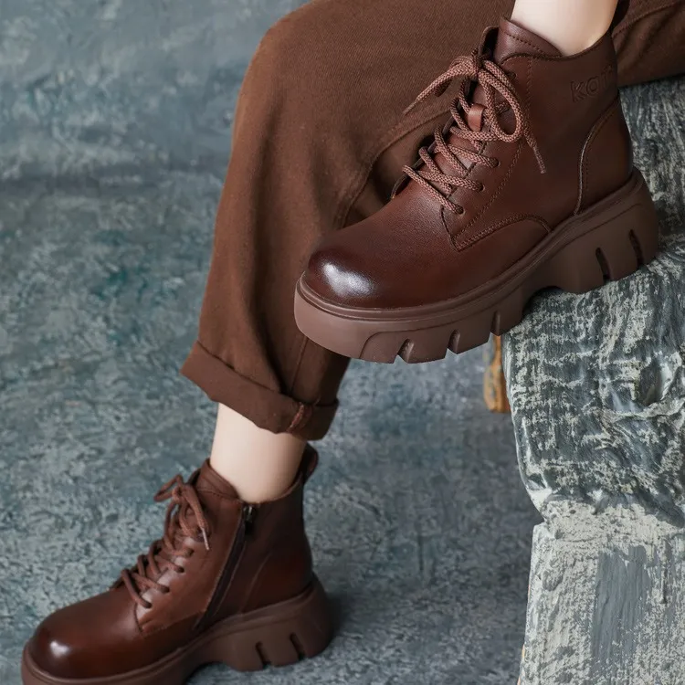 英伦风2025秋冬新款手工圆头牛皮厚底马丁靴女侧拉链短靴高帮单靴