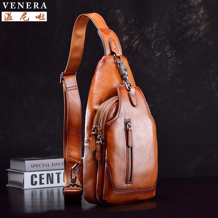 温尼啦真皮胸包男潮牌胸前包头层牛皮包休闲斜挎包单肩包背包复古
