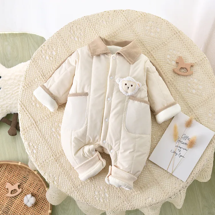 婴儿连体衣夹棉加厚翻领棉衣新生幼儿爬服宝宝衣服秋冬装外出服