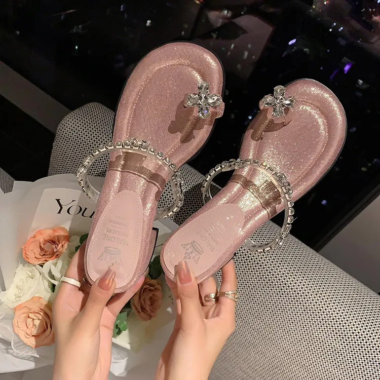 凉拖鞋女套脚小众设计感水钻2024夏季新款粗跟百搭时尚一字拖鞋女