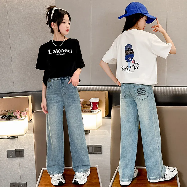 女童夏装套装2025新款中大儿童洋气短袖t恤牛仔裤两件套小女孩薄