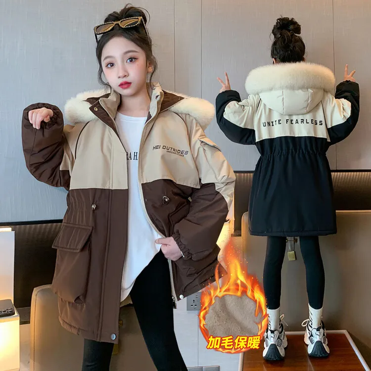 女童派克服中长款收腰加绒加厚女孩棉衣中大童6-12岁15岁冬季外套