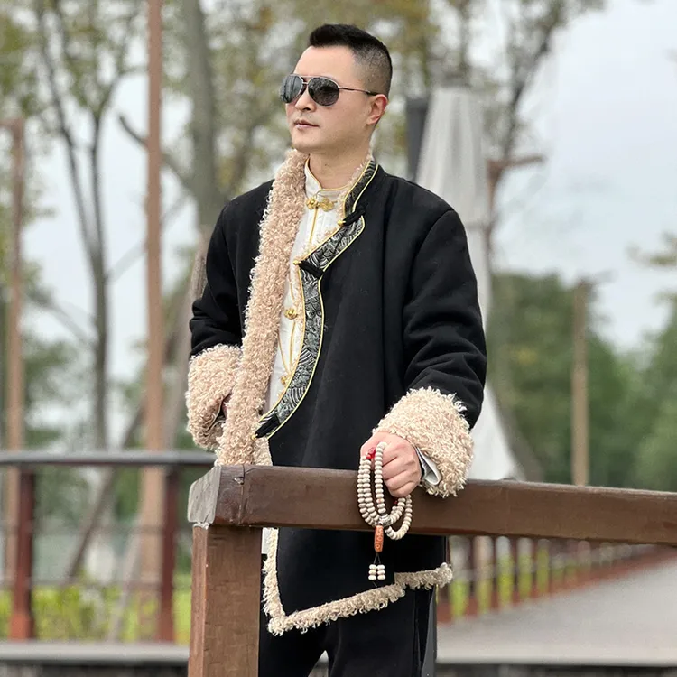 冬季藏装男藏式外套加绒夹克藏族服装保暖拼色西藏民族风藏袍中式