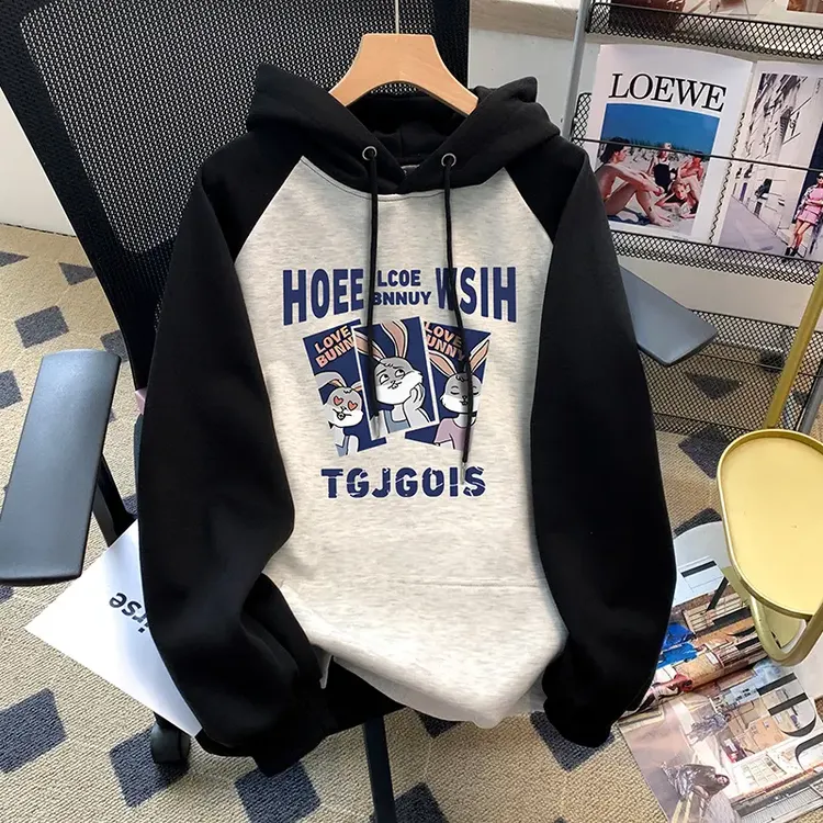 美式复古插肩圆领oversize卫衣女秋冬字母宽松小个子加绒加厚外套