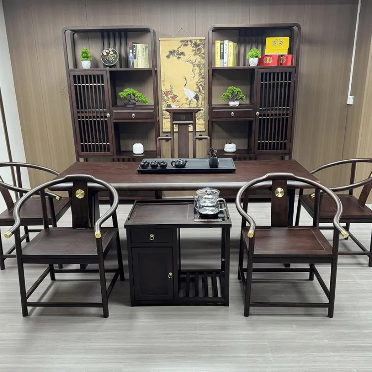 【润丰严选】新中式乌金木大板茶桌椅组合实木家用办公室茶台泡茶桌