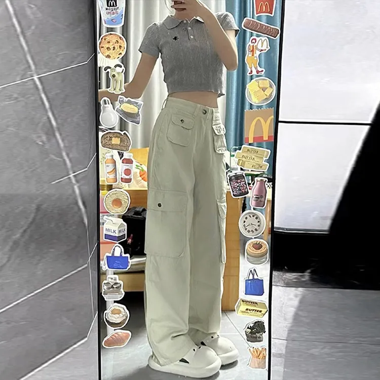 美式白色牛仔工装裤女春秋高腰显瘦宽松直筒大码胖mm阔腿休闲裤子