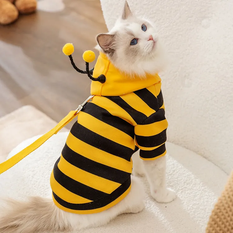 秋冬季猫咪简约手工透气可爱小蜜蜂可牵引抓绒保暖防掉毛条纹衣服