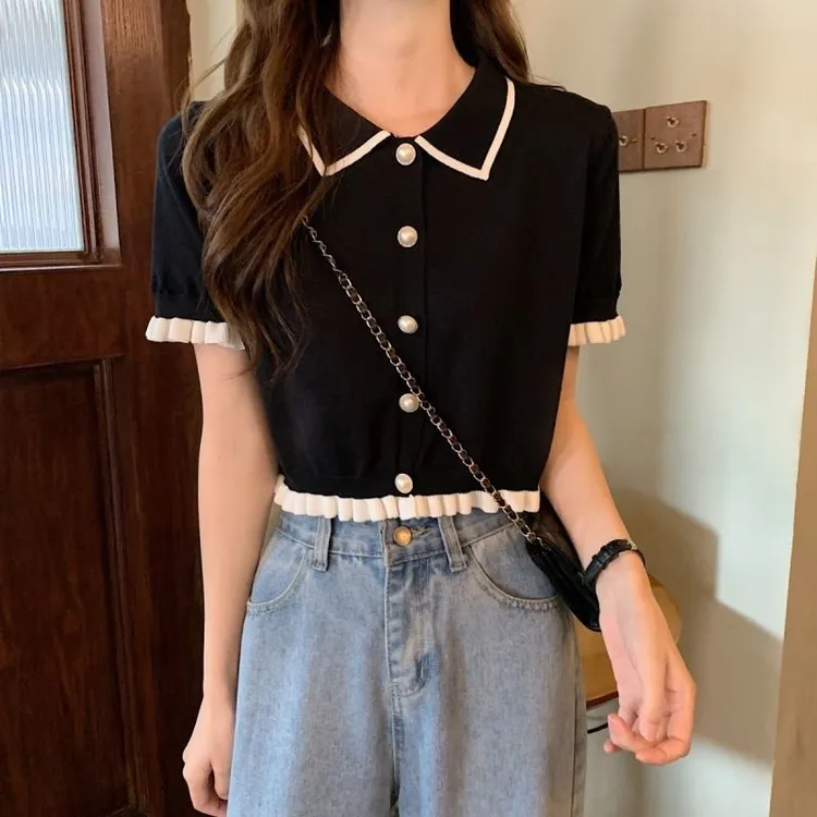 黑色短袖T恤女冰丝针织开衫夏季短款甜美日系设计感别致减龄上衣