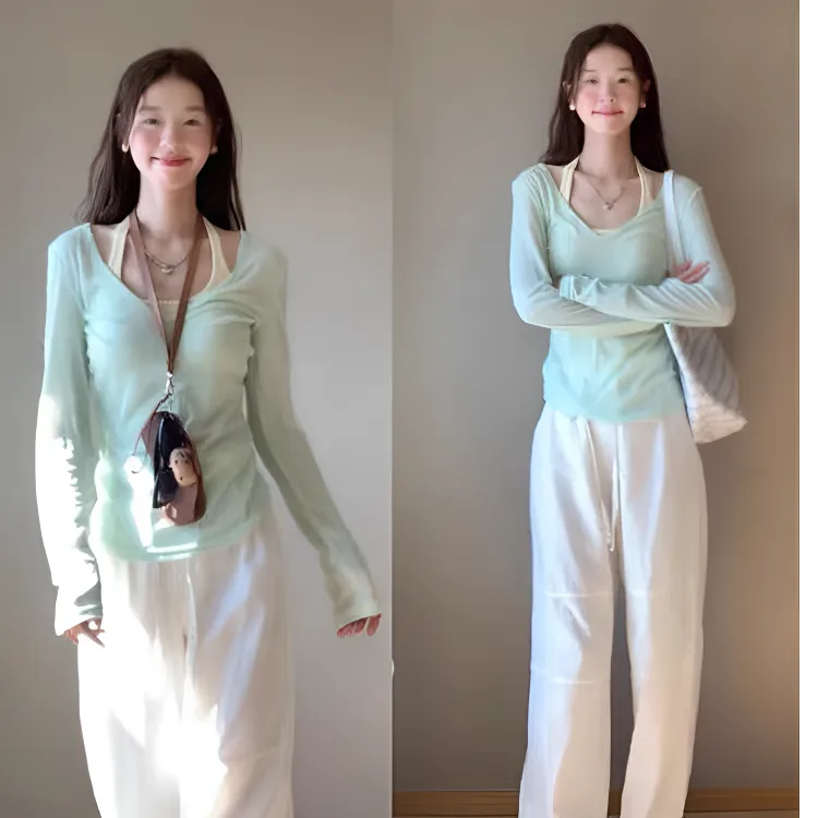 韩系甜美防晒罩衫女2024新款夏季薄纱长袖t恤正肩宽松显瘦V领上衣