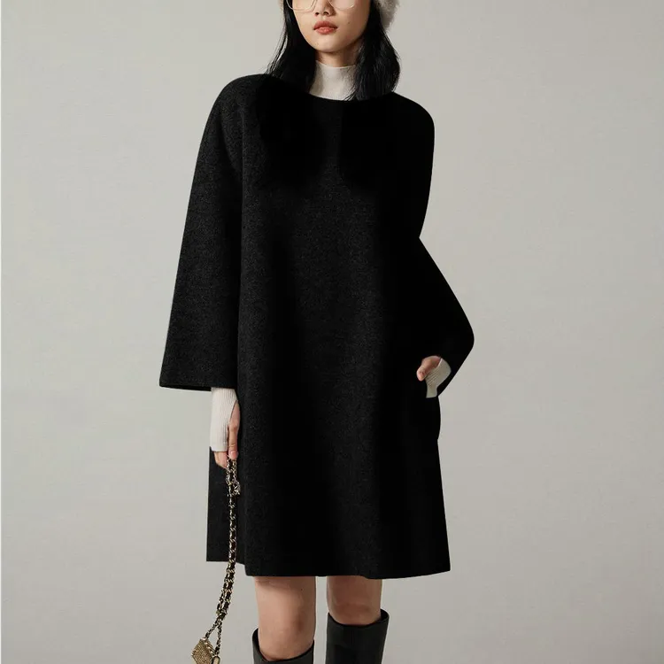 双面呢纯羊毛秋冬新款连衣裙九分袖宽松女款气质服饰通勤大衣外套