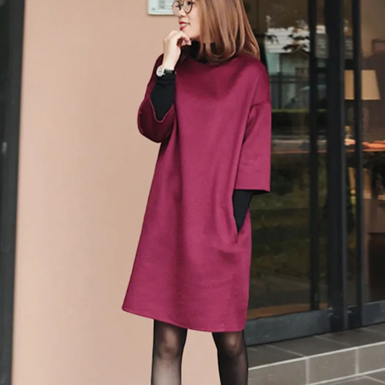 羊毛双面呢秋冬女装连衣裙中长款七分袖气质显瘦宽松直筒大码裙子