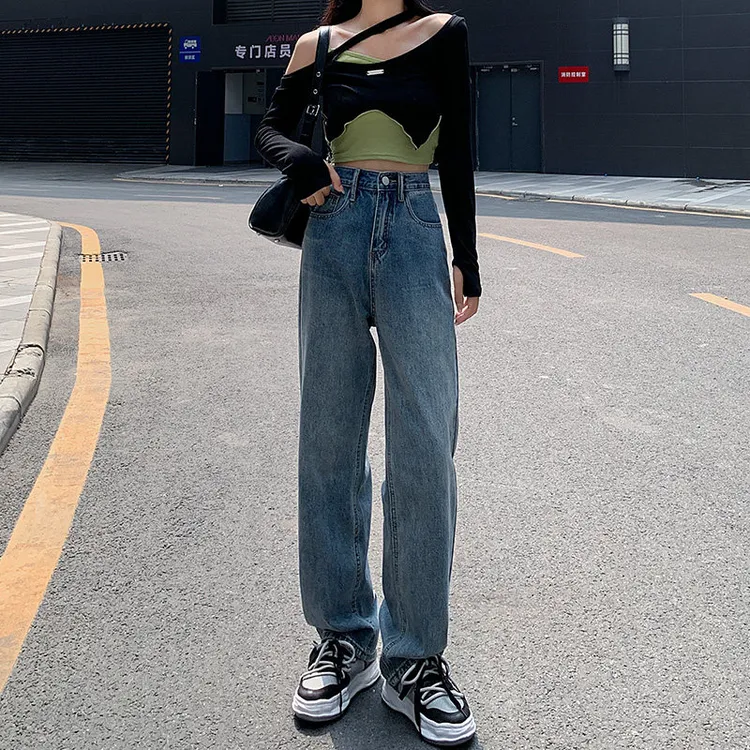 高腰窄版阔腿牛仔裤女2025夏季新款直筒显瘦小个子九分垂感拖地裤