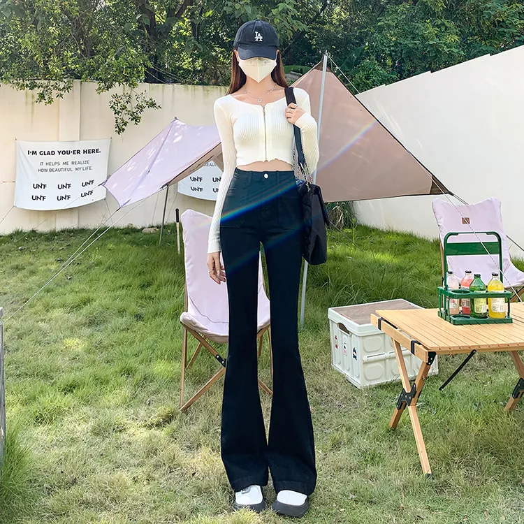 黑色高腰显瘦微喇牛仔裤女2025夏季新款弹力修身喇叭直筒拖地裤子