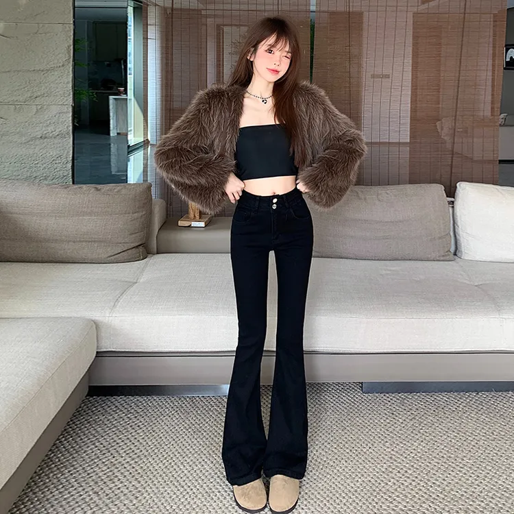 高腰加绒微喇牛仔裤女2025秋冬新款弹力修身百搭显瘦马蹄喇叭裤子