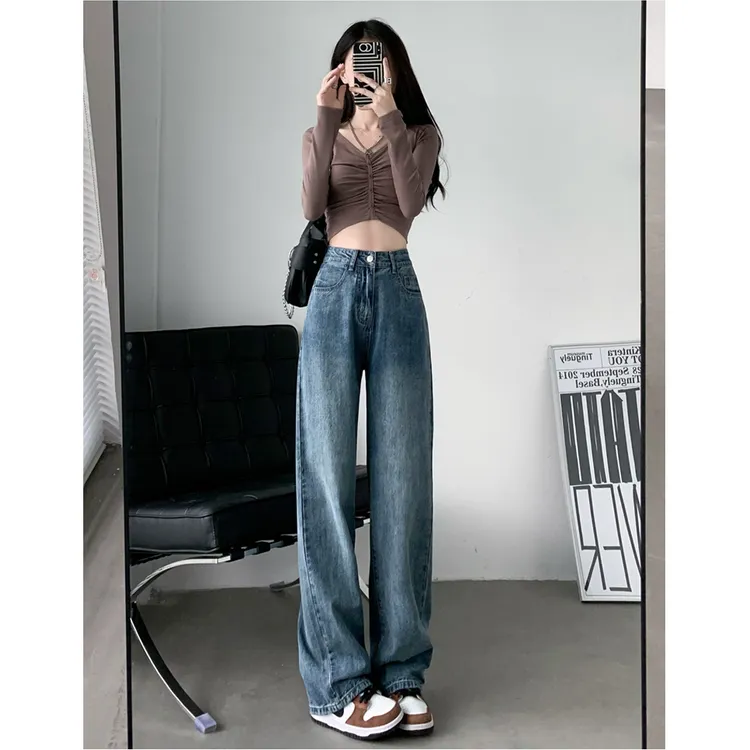 高腰加绒窄版阔腿垂感牛仔裤女2025秋冬显瘦小个子九分直筒拖地裤