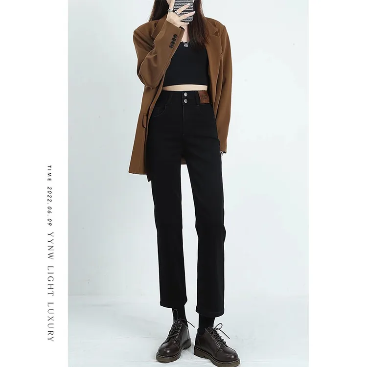 小个子高腰加绒显瘦直筒牛仔裤女2025秋冬新款弹力修身九分烟管裤