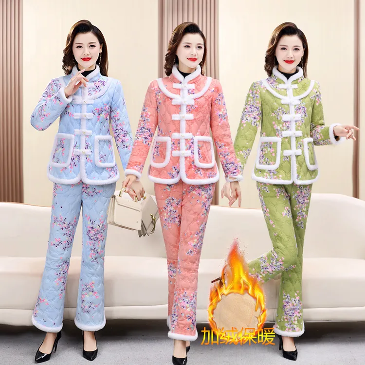 碎花宽松盘扣棉衣套装新款中老年棉裤民族加绒冬季加厚保暖两件套