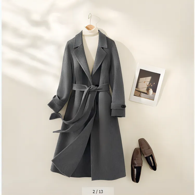 IHIMI/海谧【智性灰】长款保暖灰色羊毛25A字型中长款双面呢大衣