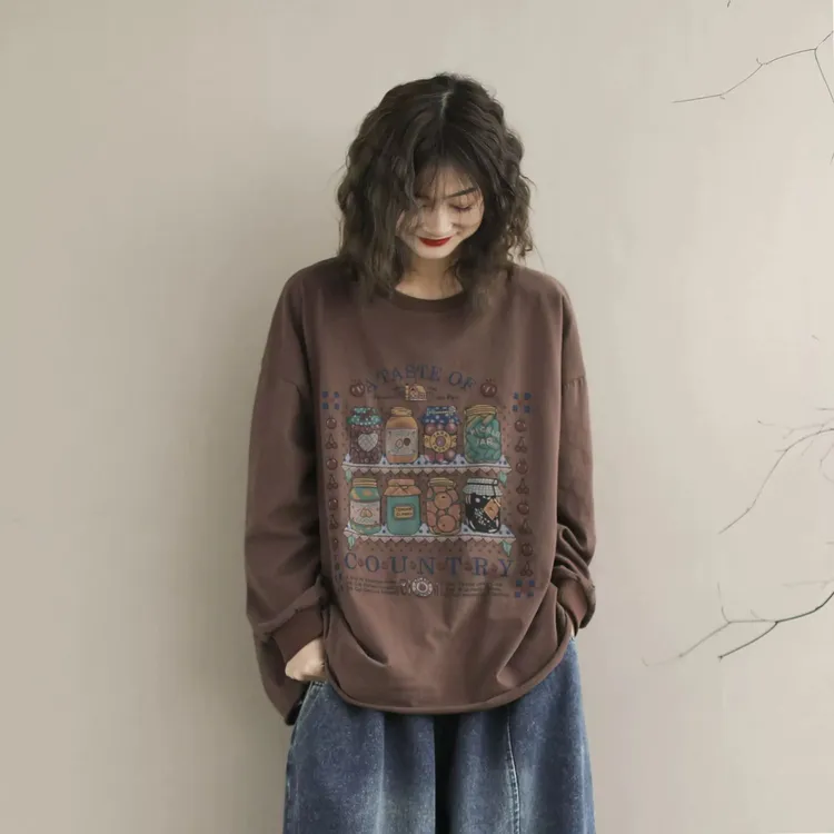 春秋新款国风潮服休闲圆领套头打底纯棉印花长袖百搭宽松卫衣女