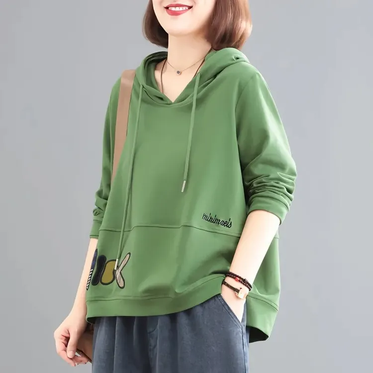 【刺绣长袖连帽卫衣】春季热款韩版宽松大码遮肉套头绣花休闲上衣