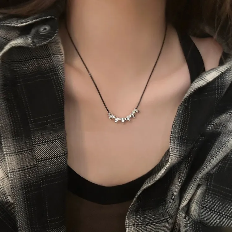 铜合金皮质项链 黑绳碎银子项链简约百搭锁骨链小众设计颈链