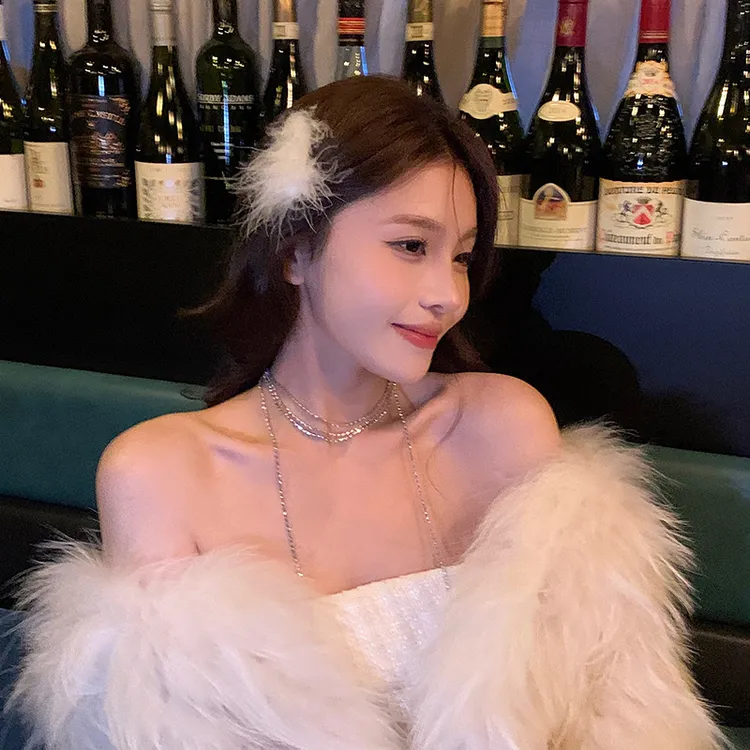 合金项链 超闪多层水钻流苏项链+羽毛发夹高级choker颈链锁骨链