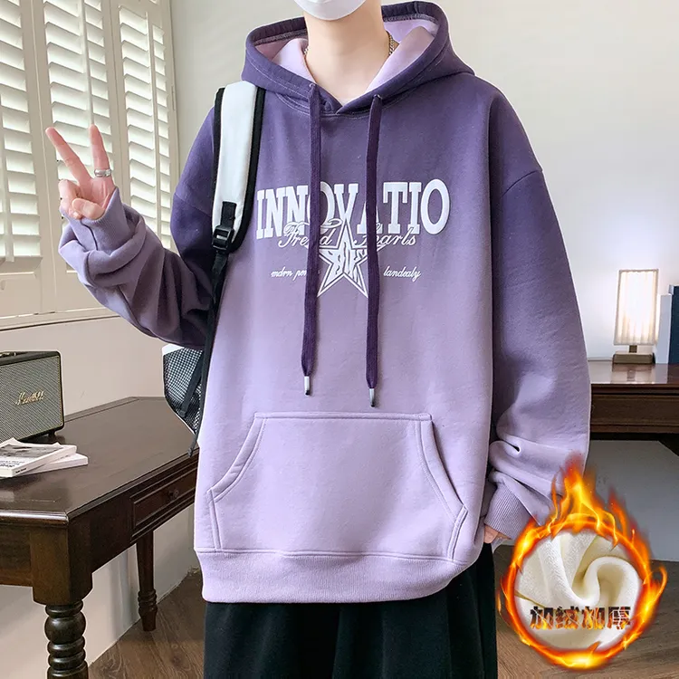 秋冬季加绒卫衣男孩初中高中学生青少年大童冬装加厚连帽休闲上衣