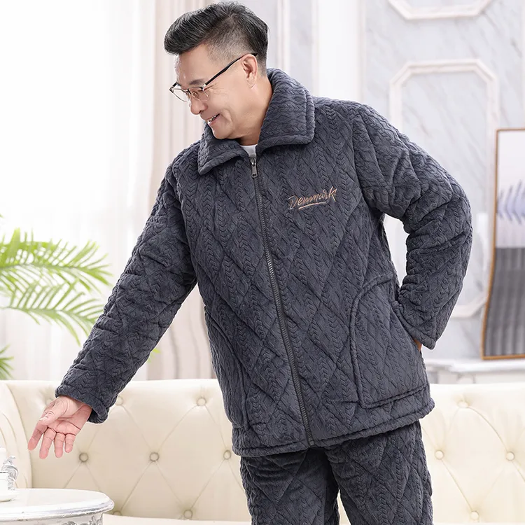 冬季牛奶绒夹棉睡衣男加厚加绒法兰绒家居服拉链款可外穿保暖套装