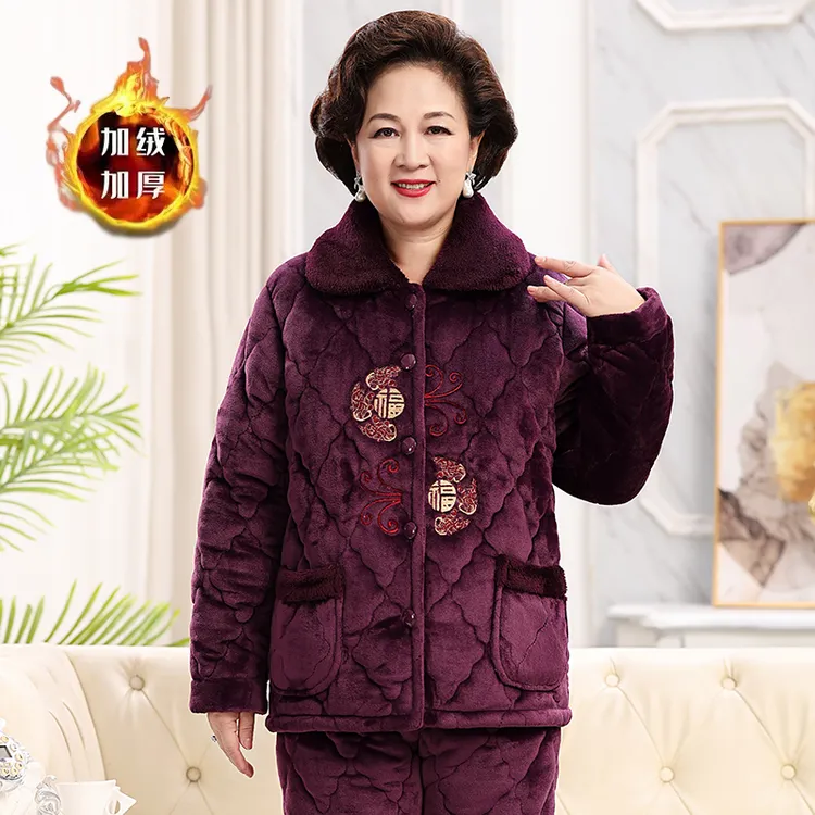 冬季中老年睡衣女珊瑚绒三层夹棉加厚加绒奶奶套装妈妈保暖家居服