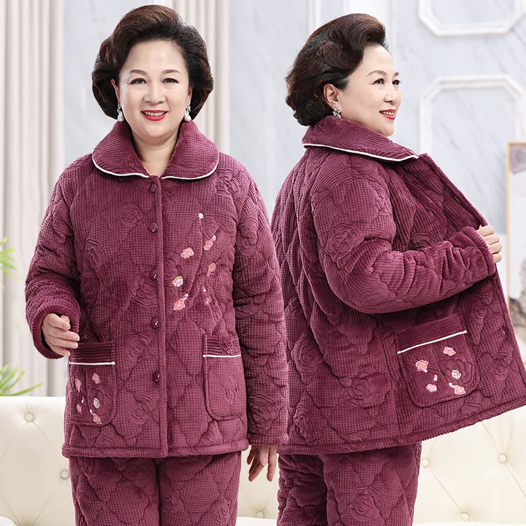 妈妈老人睡衣女三层加厚加绒珊瑚绒夹棉中老年保暖家居服大码套装