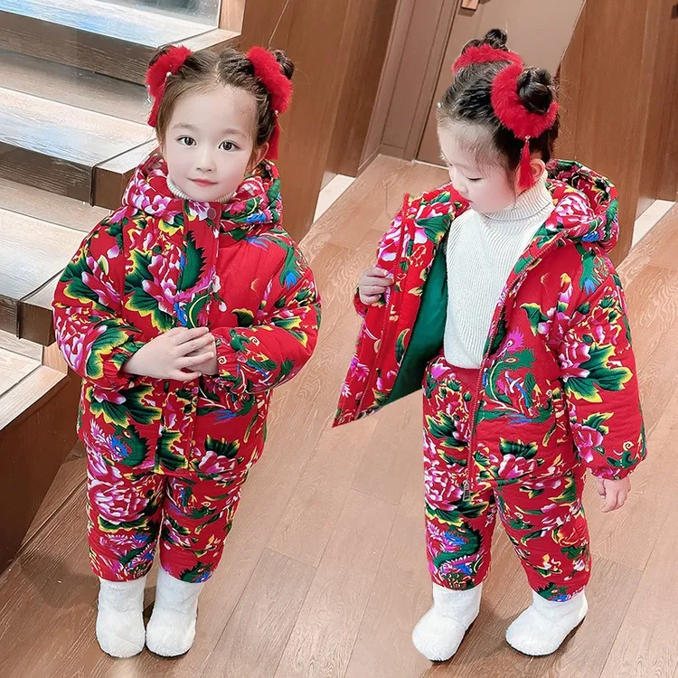 东北大花棉袄女童夹棉加厚连帽套装2025新款女宝宝冬季花棉袄儿童