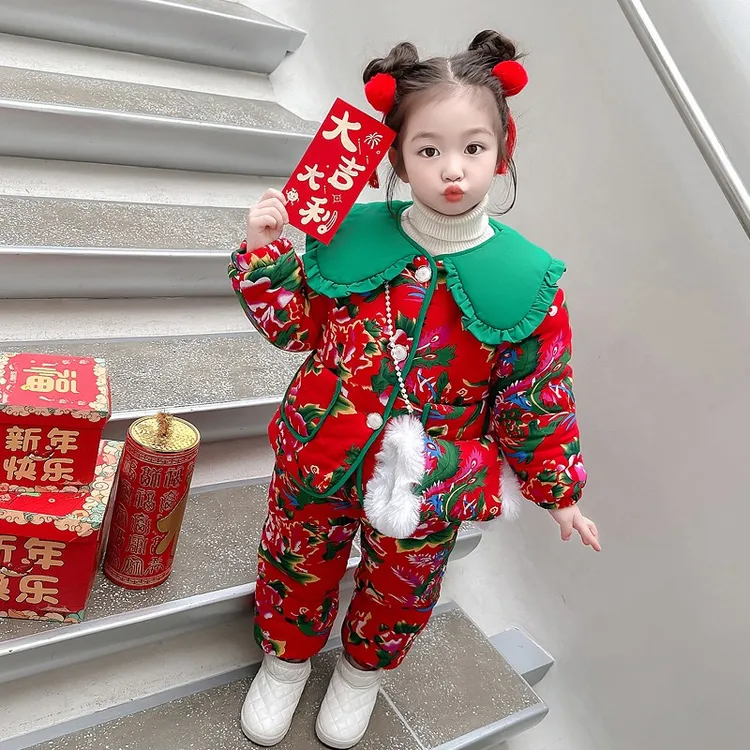 东北大花棉袄套装冬装女童棉衣2024新款女宝宝加厚花棉袄儿童