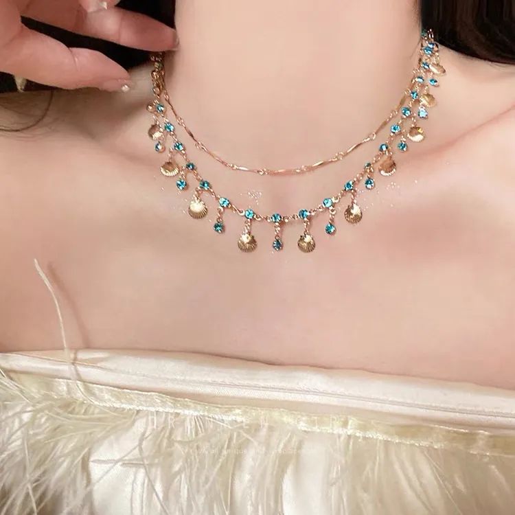 合金项链 蓝色之恋~海洋锆石项链女生choker双层叠戴配饰轻奢手链