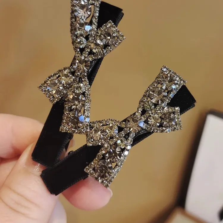 黑色丝绒发夹满钻轻奢风蝴蝶结边夹网红闪亮镶钻刘海侧边夹鸭嘴夹