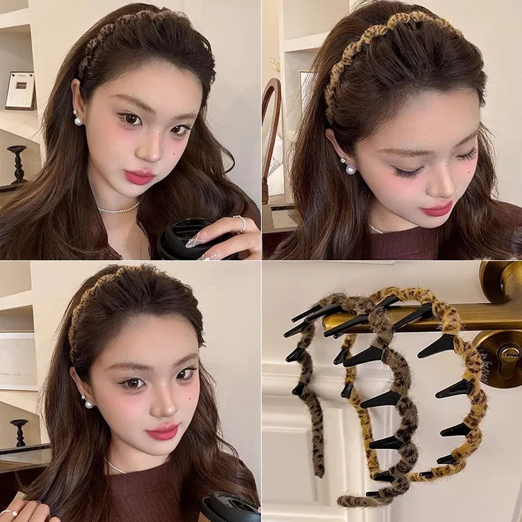 豹纹波浪发箍女款毛绒头箍洋气发卡网红夏季带齿复古百搭发捆简约