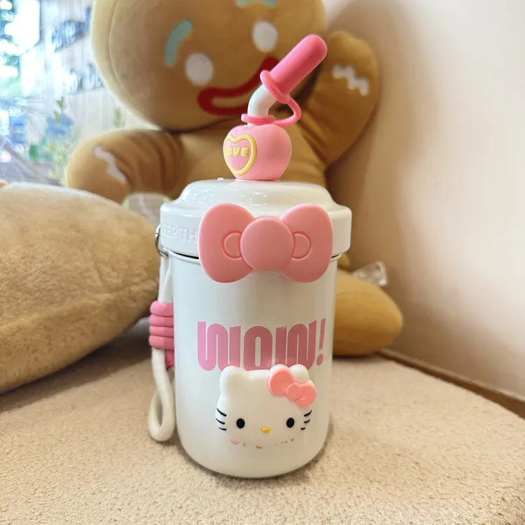 kitty可爱保温杯带吸管不锈钢水杯手提便携高颜值少女搅拌咖啡杯