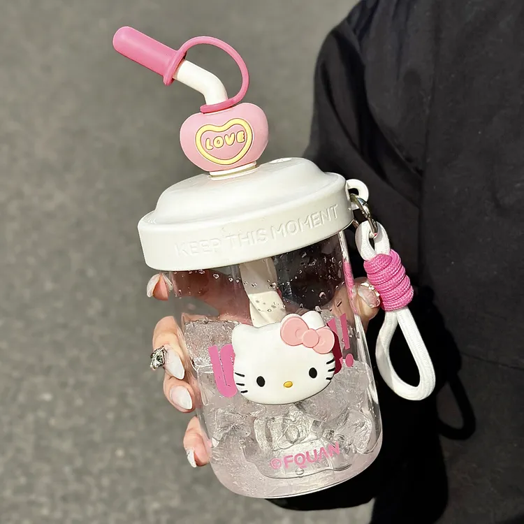 KT猫塑料吸管杯手动搅拌杯便携吸管杯可爱创意简约少女心水杯