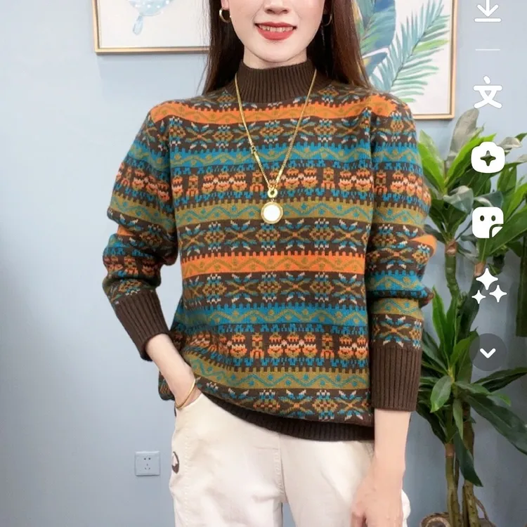 2025冬季时尚百搭休闲打底衫加厚半高领女士上衣洋气高领针织衫