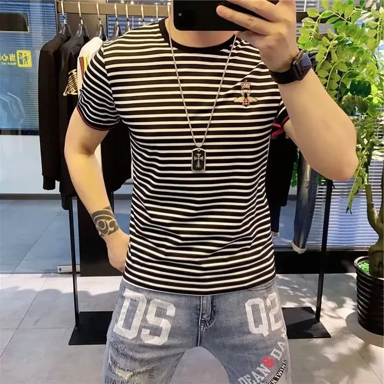 黑白条纹男士欧货短袖夏季小衫新款体恤休闲时尚印花高端T恤潮牌