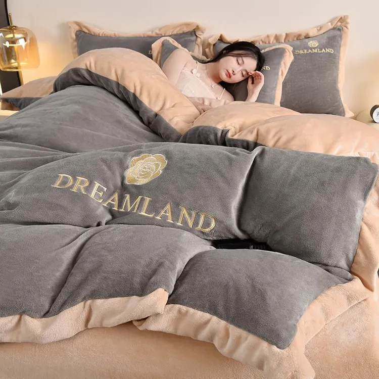 水星高端系列家纺牛奶绒四件套2024新款冬季加绒加厚珊瑚绒轻奢高