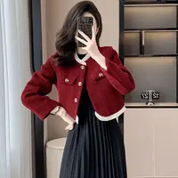 上衣外套女2025早秋装新款气质名媛红色时尚毛呢小个子