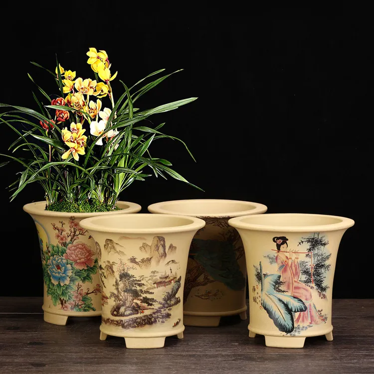紫砂兰花盆君子兰春兰蝴蝶兰桌面绿植手工经典贴画制作盆景盆批发